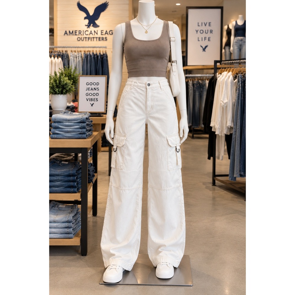 American Eagle Y2K Ivory Baggy Cargo Pants Size 2